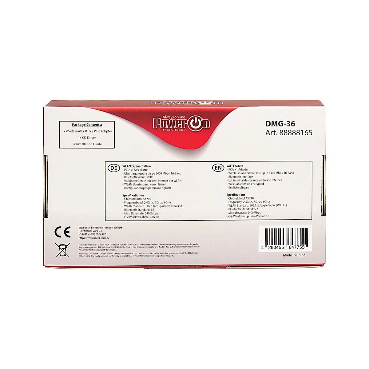 Rückseite der PowerOn DMG-36 WLAN- und Bluetooth-Adapter-Verpackung mit technischen Spezifikationen und Barcode.