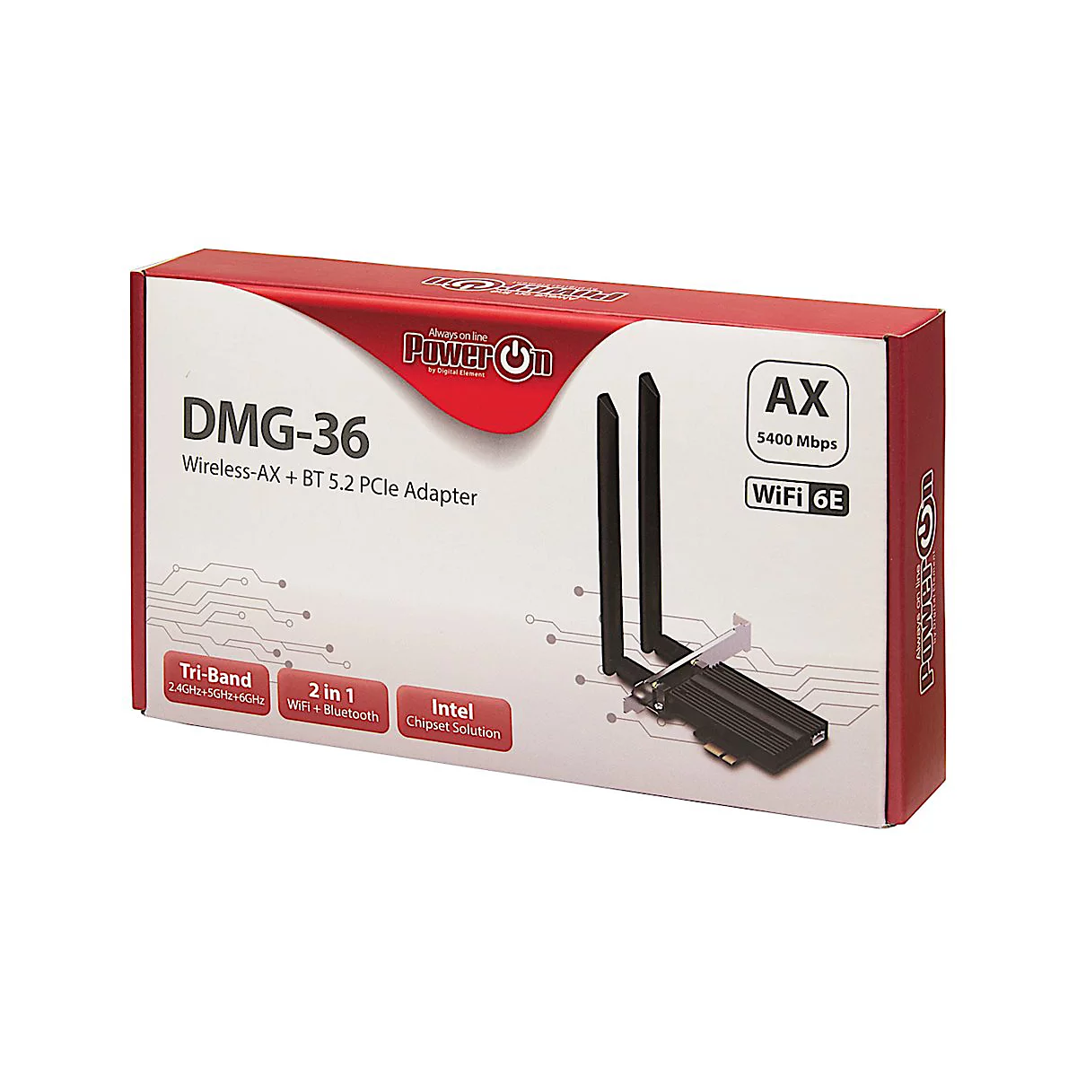 Verkaufsverpackung des PowerOn DMG-36 PCIe-Adapters mit WLAN 6E und Bluetooth 5.2 Antennen.