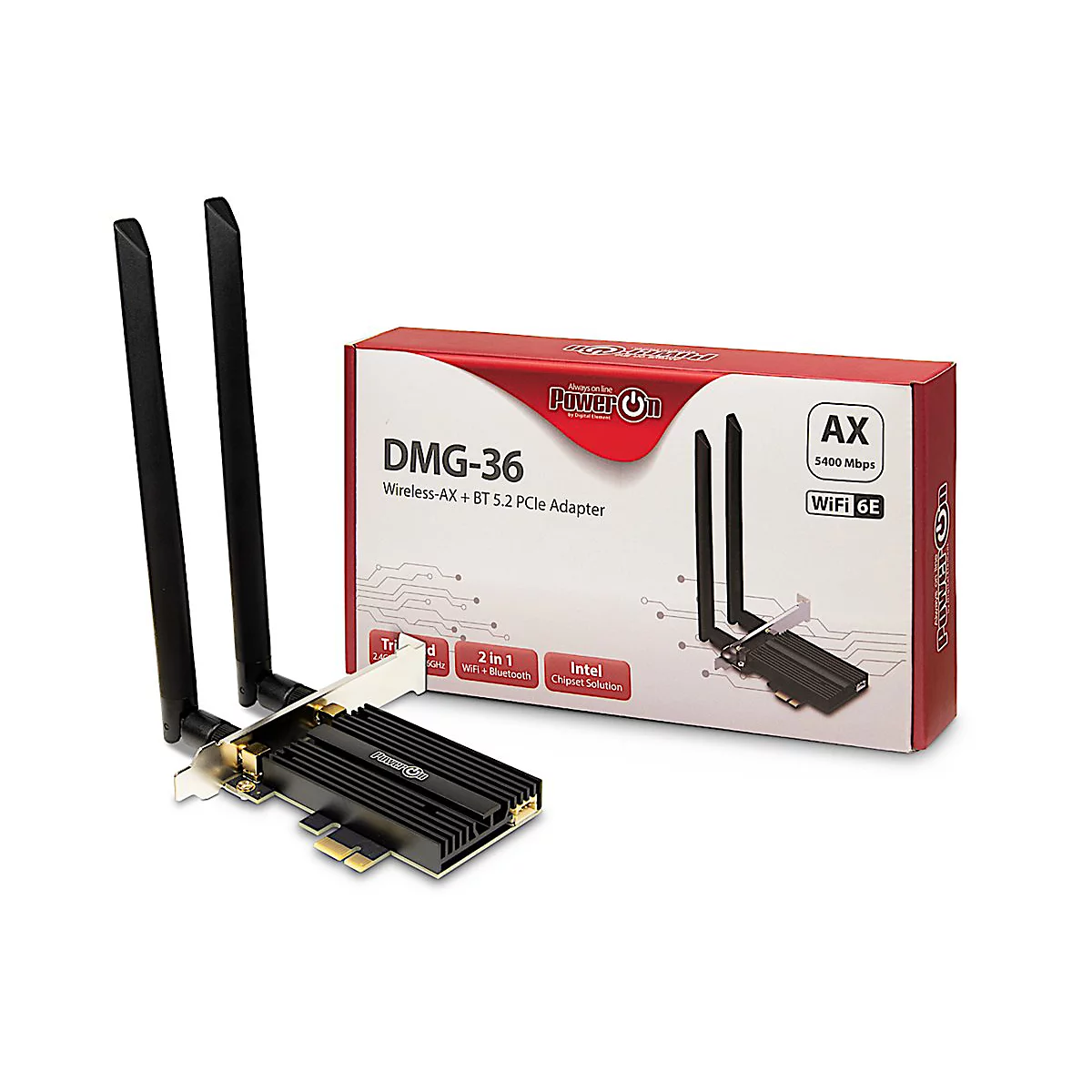 PowerOn DMG-36 PCIe-Adapter mit zwei Antennen und roter Produktverpackung auf weißem Hintergrund.