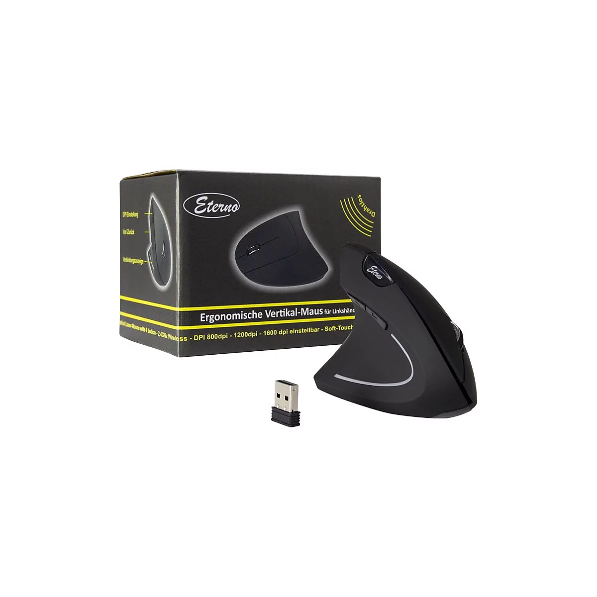 Schwarze, ergonomische Vertikal-Maus für Linkshänder mit USB-Empfänger und Produktverpackung.