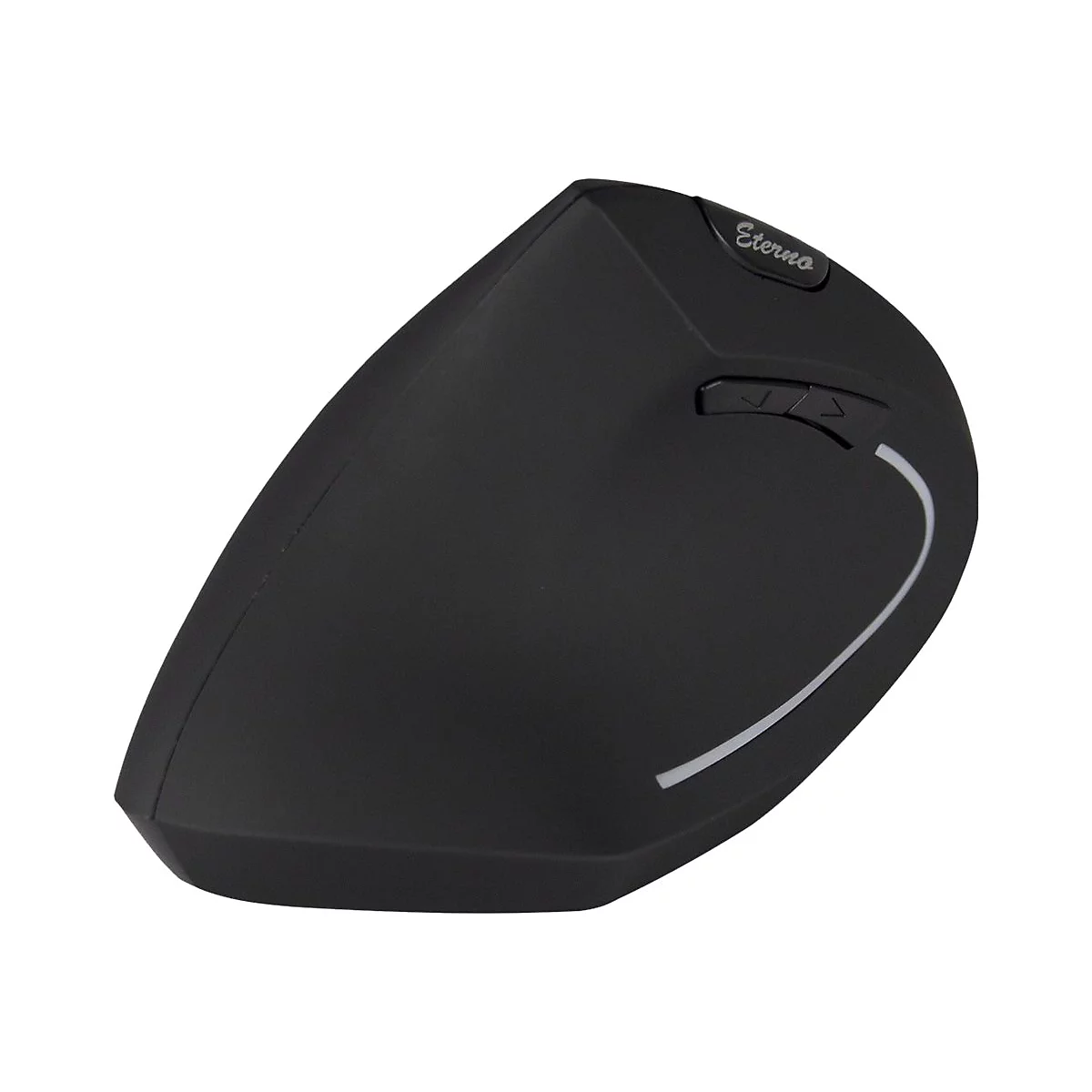 Schwarze, ergonomische Vertikal-Maus der Marke Eterno auf weißem Hintergrund.