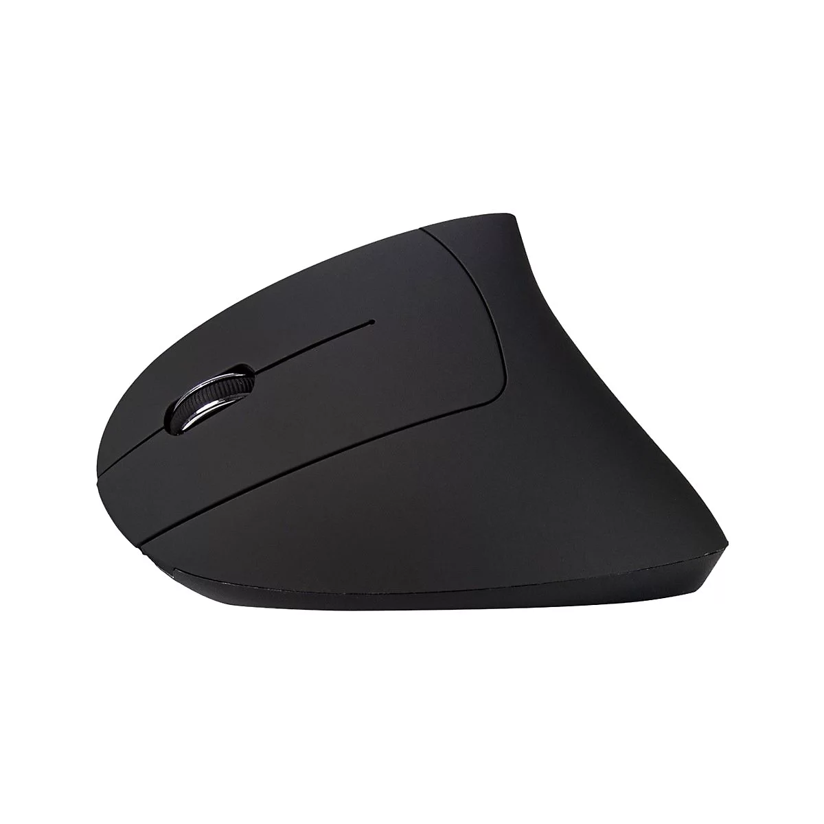 Schwarze, ergonomische vertikale Computermaus auf weißem Hintergrund.