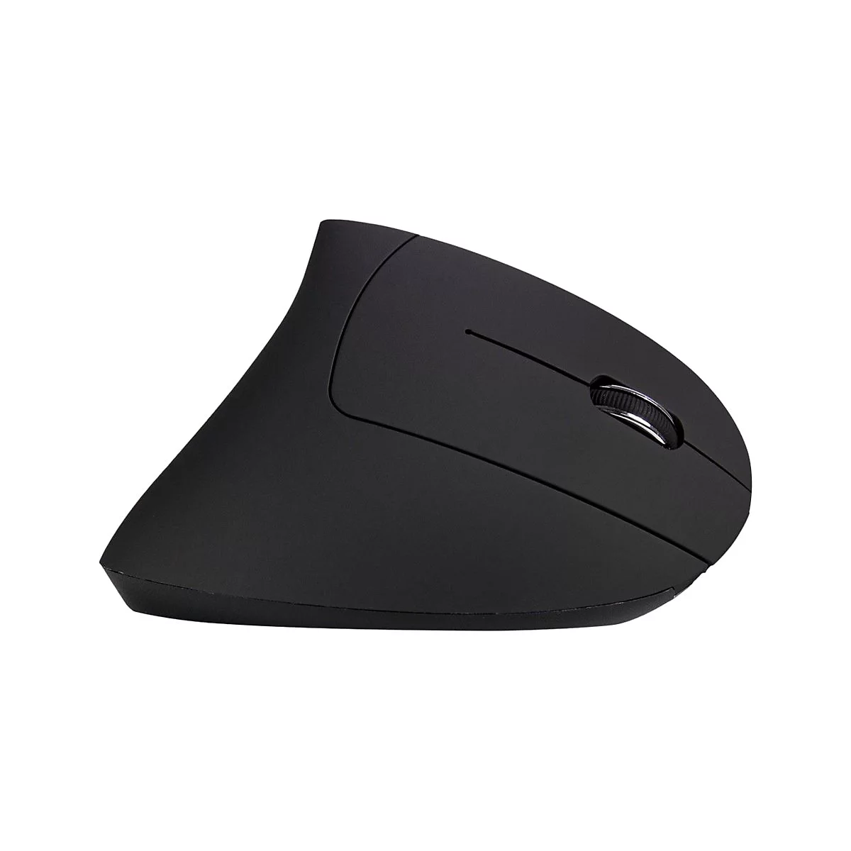 Schwarze, ergonomisch geformte vertikale Computermaus vor weißem Hintergrund.