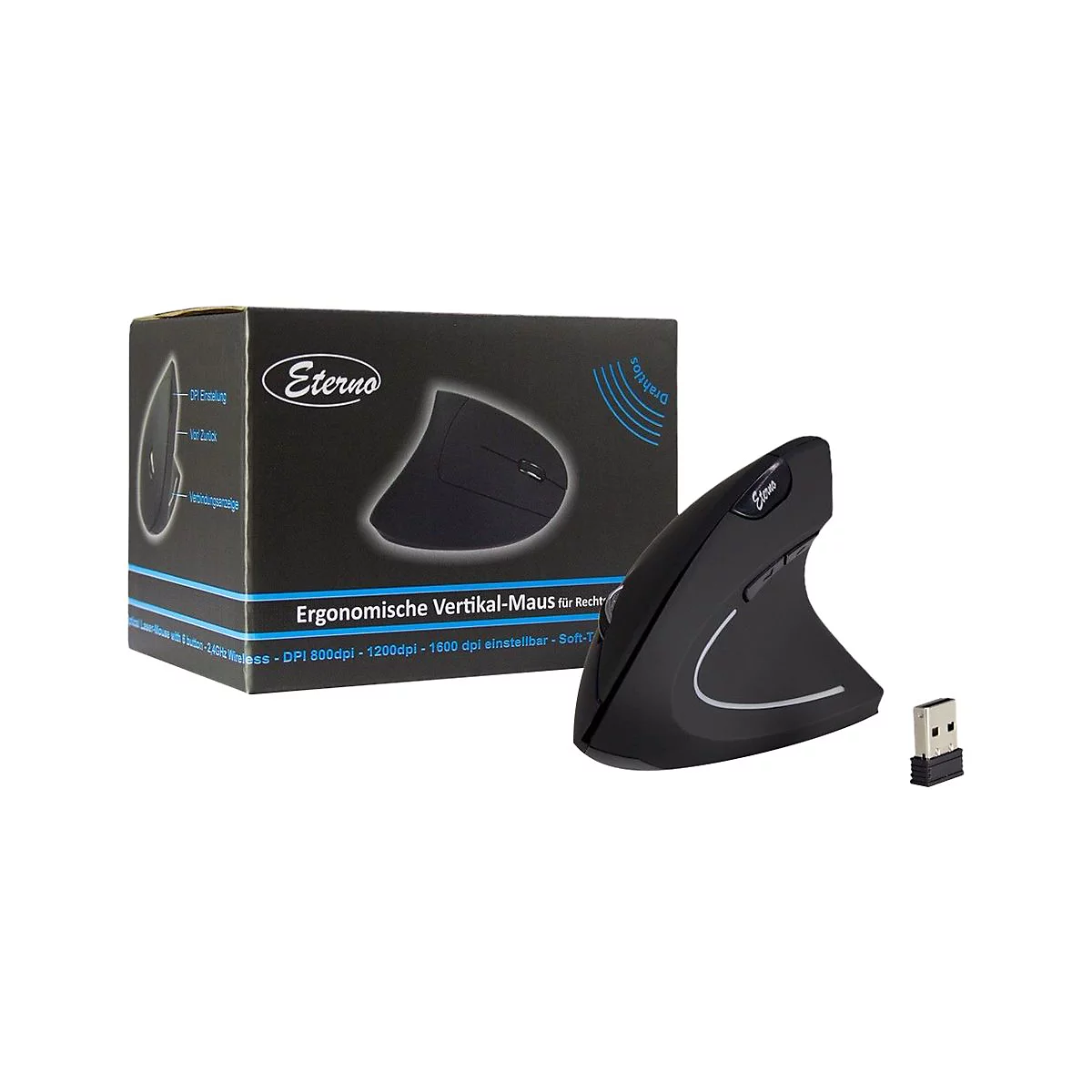 Schwarze vertikale Funkmaus mit USB-Empfänger und Produktverpackung vor weißem Hintergrund.