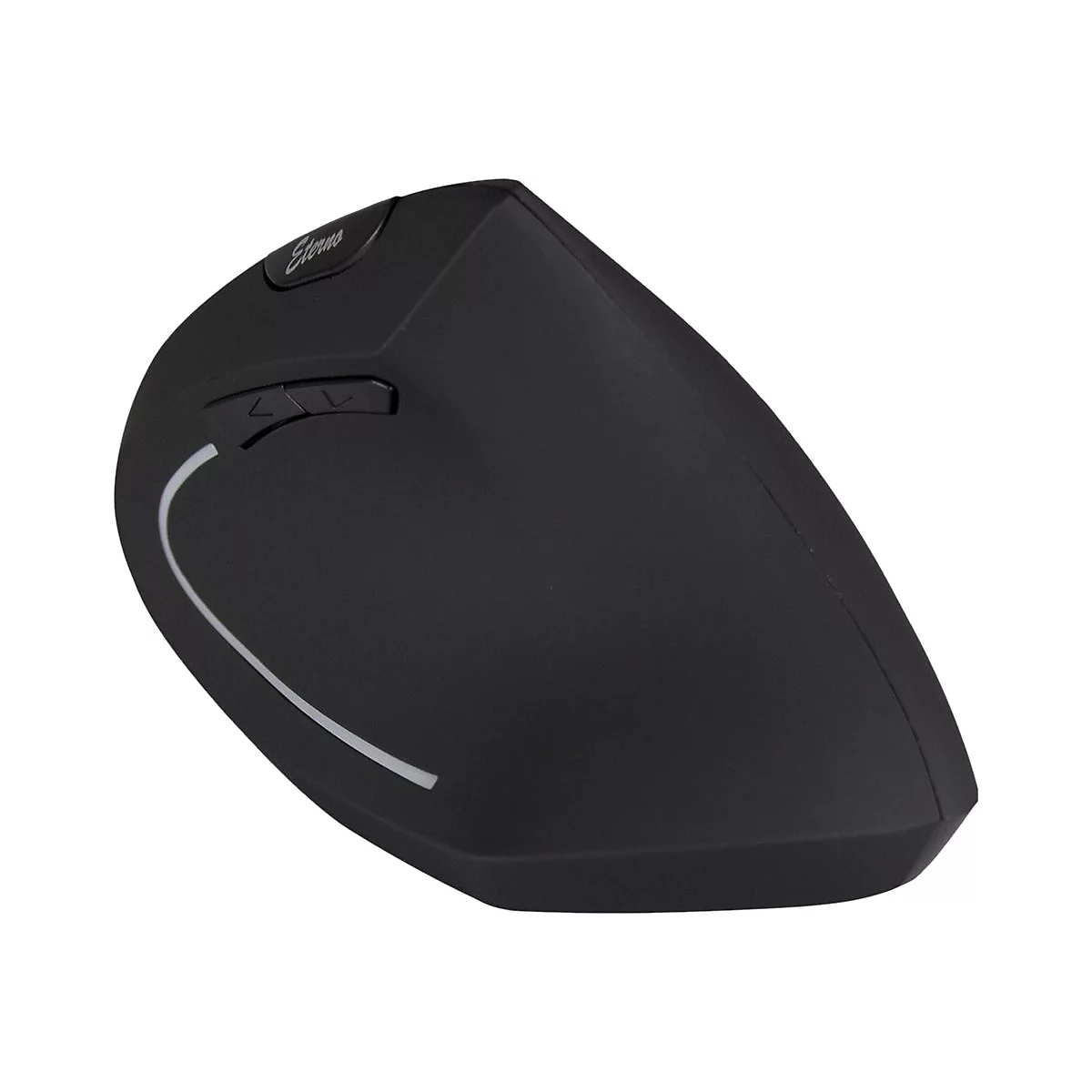 Schwarze, ergonomische Vertikalmaus mit Tasten und Eterna-Schriftzug vor weißem Hintergrund.