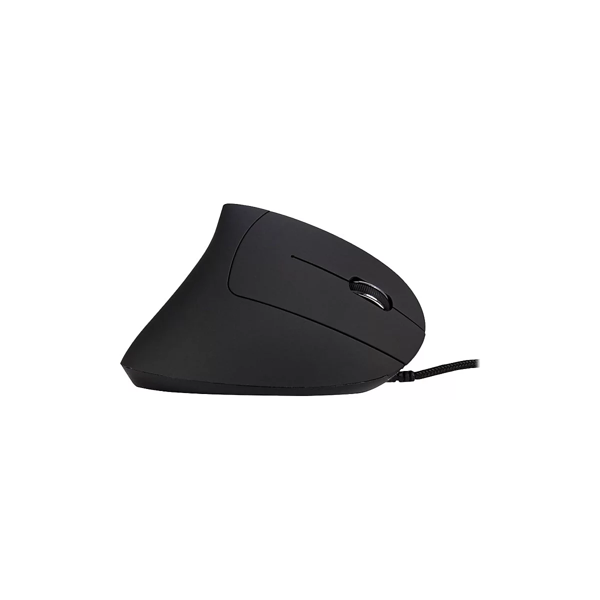 Schwarze, ergonomische Vertikal-Maus mit Mausrad vor weißem Hintergrund.