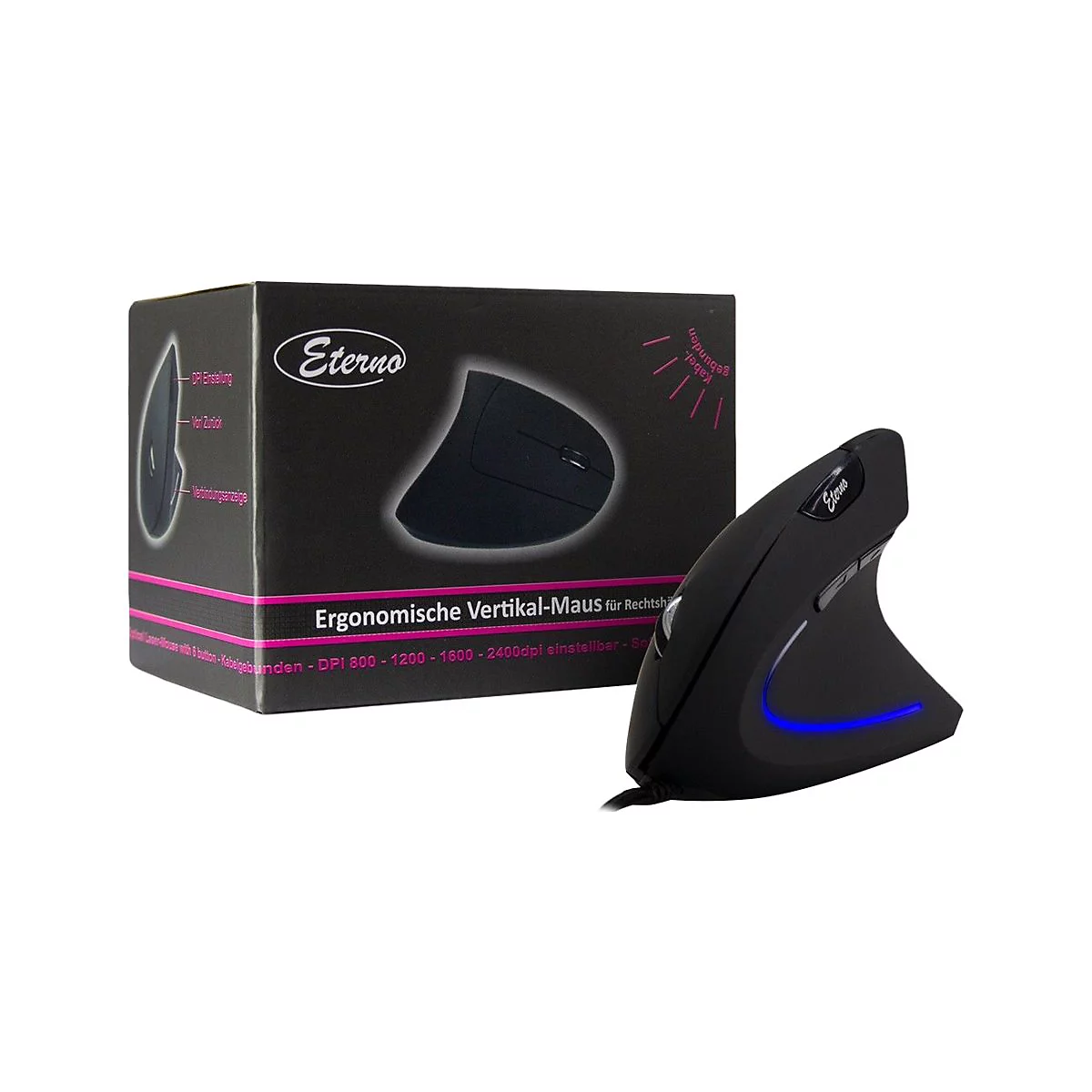 Schwarze vertikale ergonomische Computermaus von Eterno vor ihrer Produktverpackung.