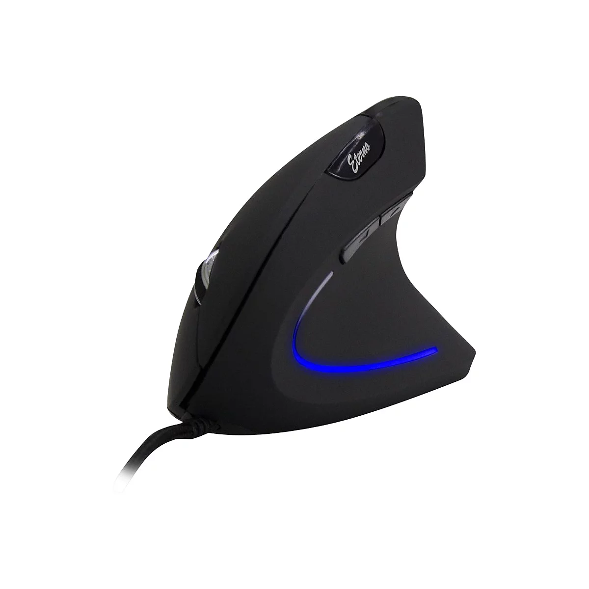 Schwarze, vertikale Ergonomie-Maus mit blauem Lichtstreifen und Kabel vor weißem Hintergrund.