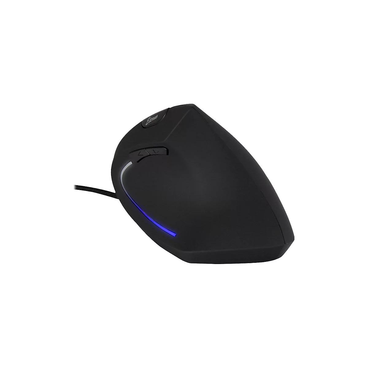 Schwarze, ergonomische Vertikal-Maus mit blauer LED-Beleuchtung und seitlichen Tasten vor weißem Hintergrund.