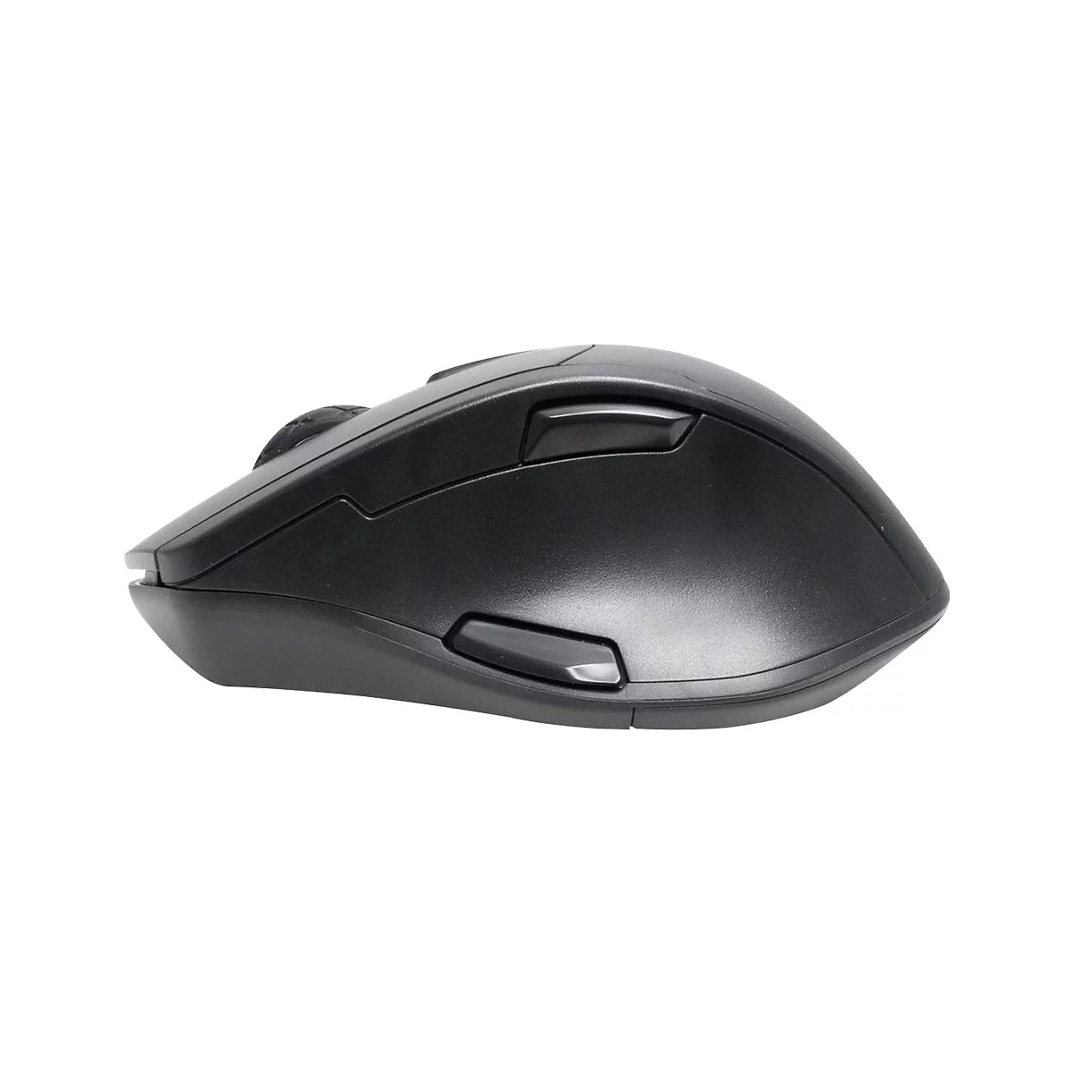 Seitenansicht einer ergonomischen schwarzen Computermaus mit zwei Seitentasten vor weißem Hintergrund.