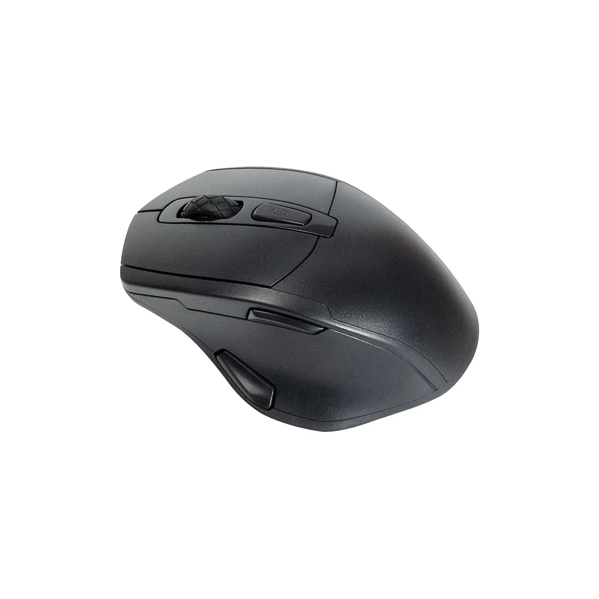 Eine schwarze, ergonomische Computermaus mit seitlichen Tasten und einem Scrollrad vor weißem Hintergrund.