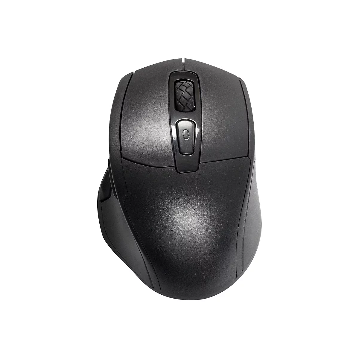 Schwarze kabellose Computermaus vor weißem Hintergrund mit Scrollrad und Zusatztaste.