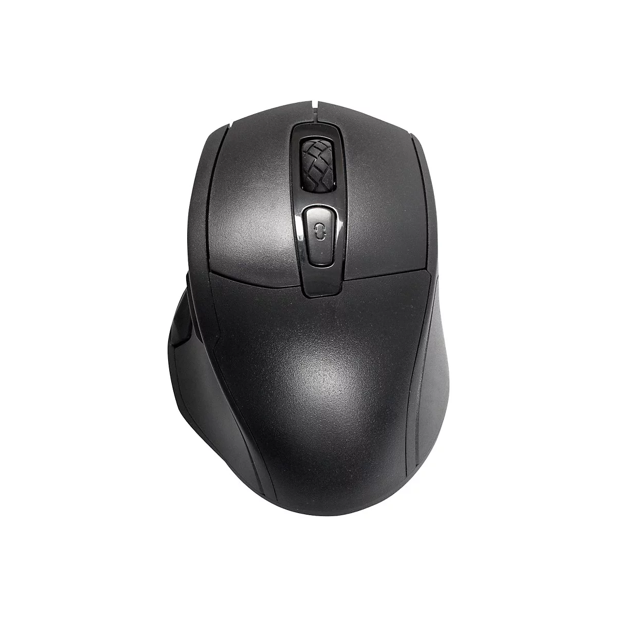 Schwarze, kabellose Computermaus vor weißem Hintergrund mit Mausrad und zusätzlicher Taste.