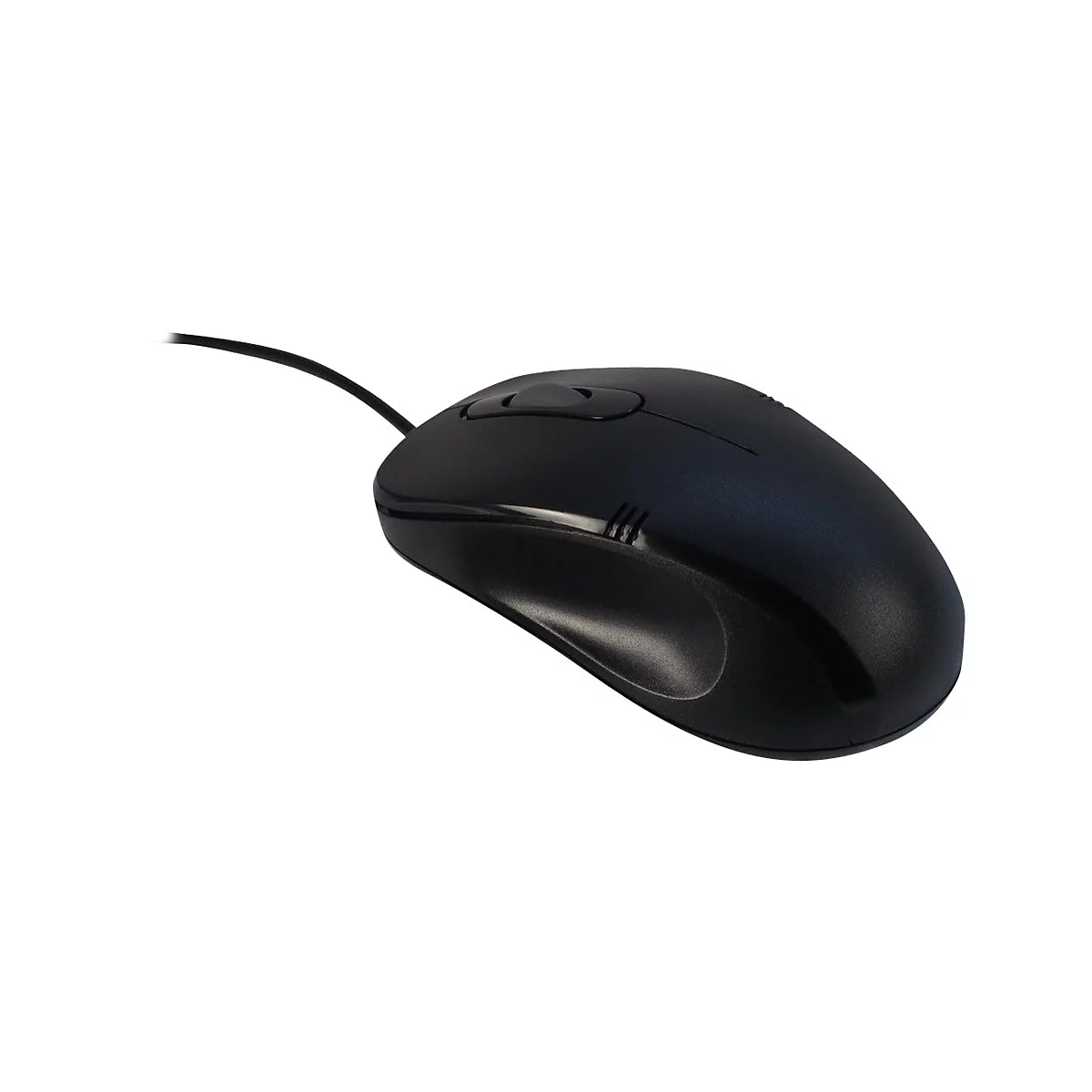 Schwarze, kabelgebundene Computermaus mit ergonomischem Design auf weißem Hintergrund.