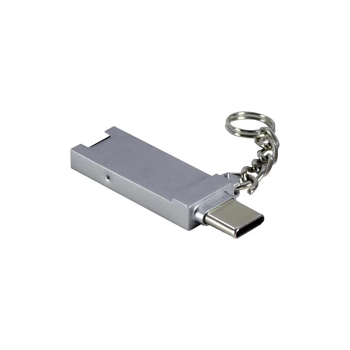 Silberner USB-C-Stick als Schlüsselanhänger mit Kette und Ring vor weißem Hintergrund.