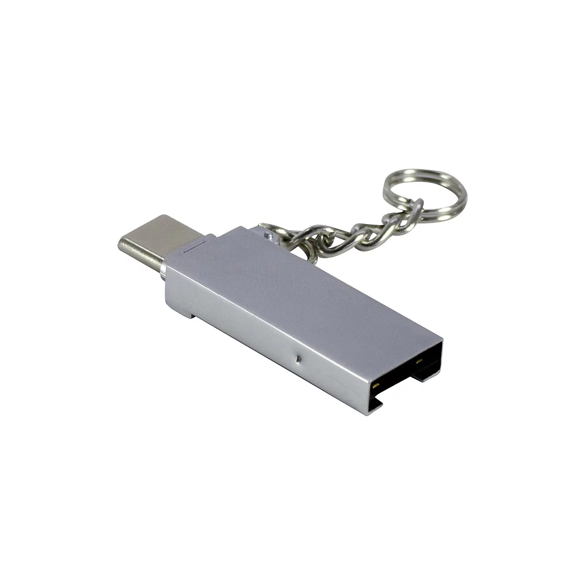 Silberner USB-C-Stick als Schlüsselanhänger mit Metallkette vor weißem Hintergrund.