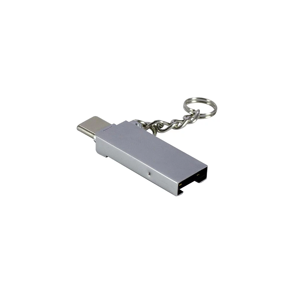 Silberner USB-C-Adapter mit Schlüsselanhänger-Kette vor weißem Hintergrund.