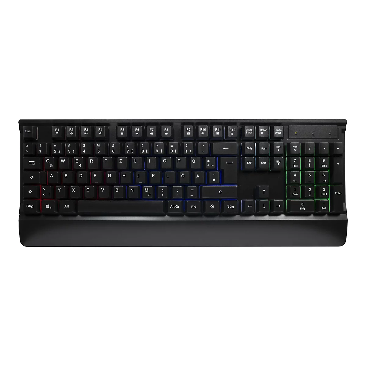 Schwarze Gaming-Tastatur mit deutschem QWERTZ-Layout und dezenter RGB-Beleuchtung vor weißem Hintergrund.