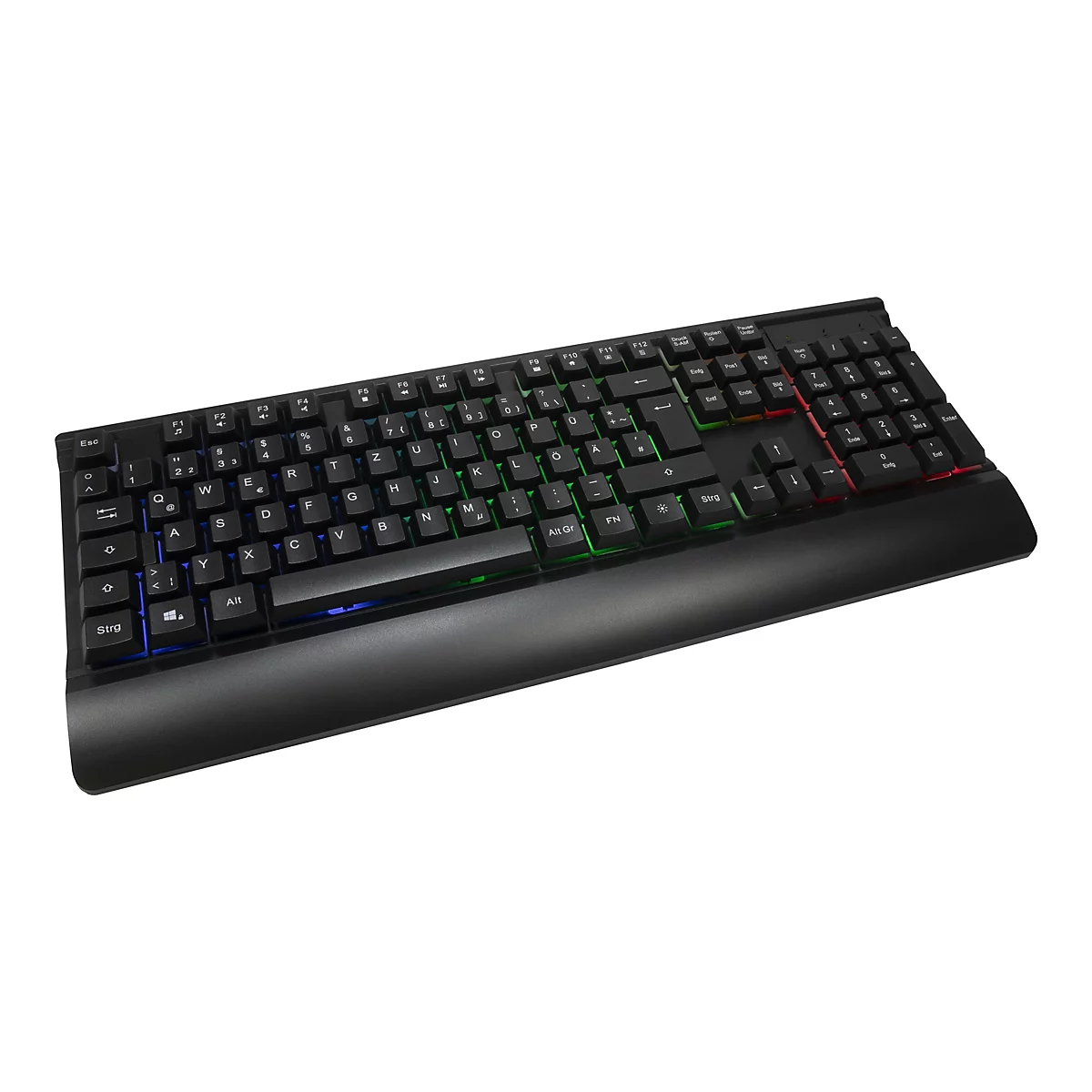 Schwarze Gaming-Tastatur mit RGB-Beleuchtung und Handballenauflage vor weißem Hintergrund.