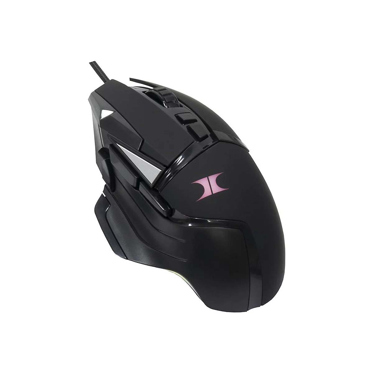 Schwarze Gaming-Maus mit ergonomischem Design, beleuchtetem Logo und Kabel vor weißem Hintergrund.