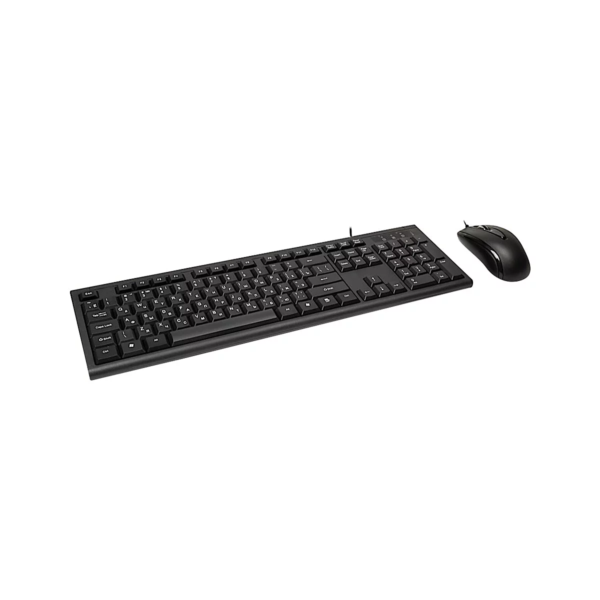 Schwarze Tastatur mit kyrillischen und lateinischen Zeichen sowie eine schwarze Computermaus vor weißem Hintergrund.