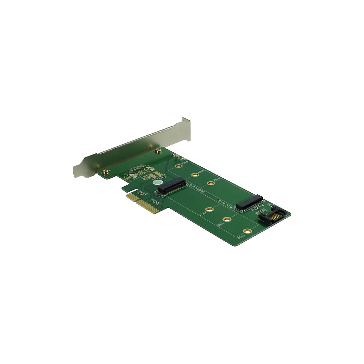 Grüne PCIe-Adapterkarte für M.2-SSDs mit Steckplätzen für verschiedene Längen auf weißem Hintergrund.