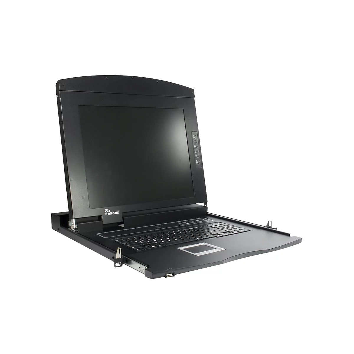 Schwarze Argus Rack-Konsole mit ausgeklapptem Bildschirm, Tastatur und Touchpad vor weißem Hintergrund.