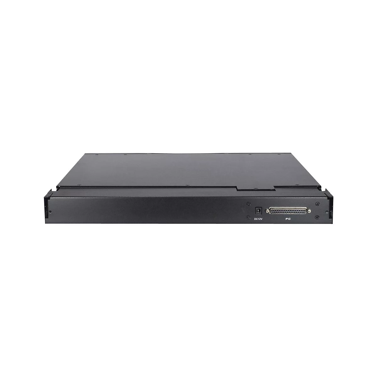 Schwarzes Rackmount-Gehäuse mit DC12V-Netzanschluss und PC-Schnittstelle auf der Rückseite.