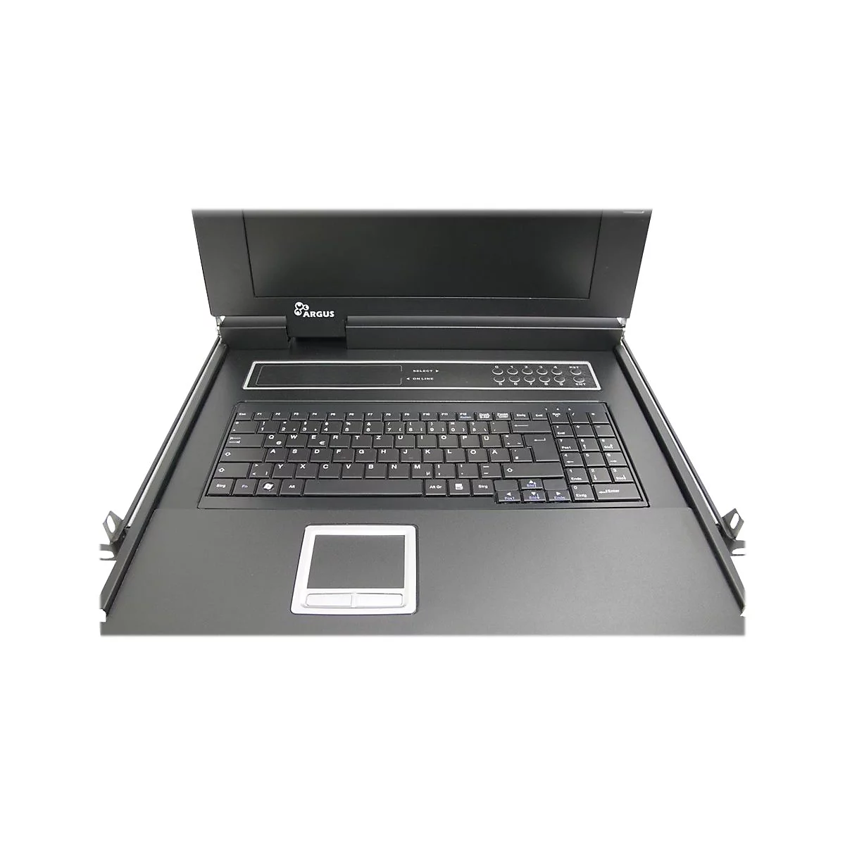 Ausgeklappte Argus-Rackkonsole mit Tastatur, Touchpad und schwarzem Gehäuse vor neutralem Hintergrund.