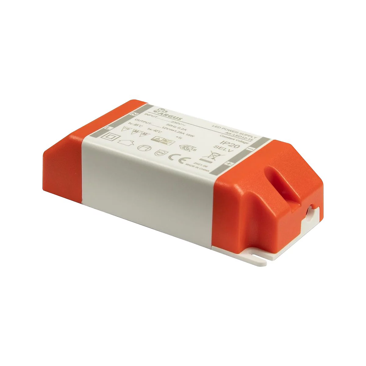 Rechteckiger Argus LED-Netzteil-Trafo mit orangefarbenen Endkappen und weißem Gehäuse auf weißem Grund.