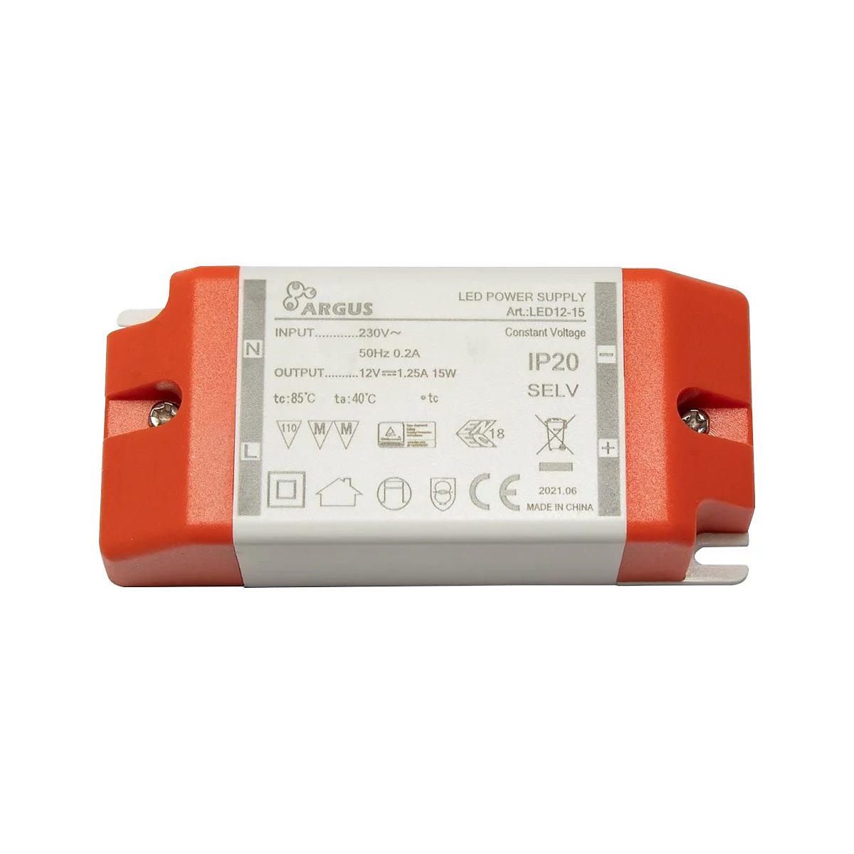 Rechteckiger Argus LED-Netzteil mit orangefarbenen Enden und weißen Gehäuse mit technischen Daten.