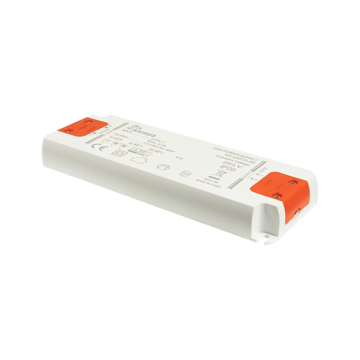 Länglicher, weißer LED-Trafo von Argus mit orangefarbenen Anschlussteilen auf weißem Grund.