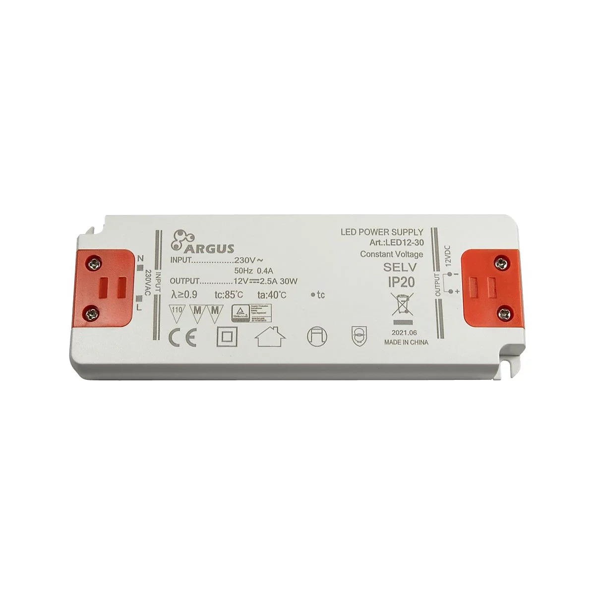 Rechteckiger, weißer LED-Transformator von Argus mit roten Anschlussabdeckungen und technischen Produktdaten.
