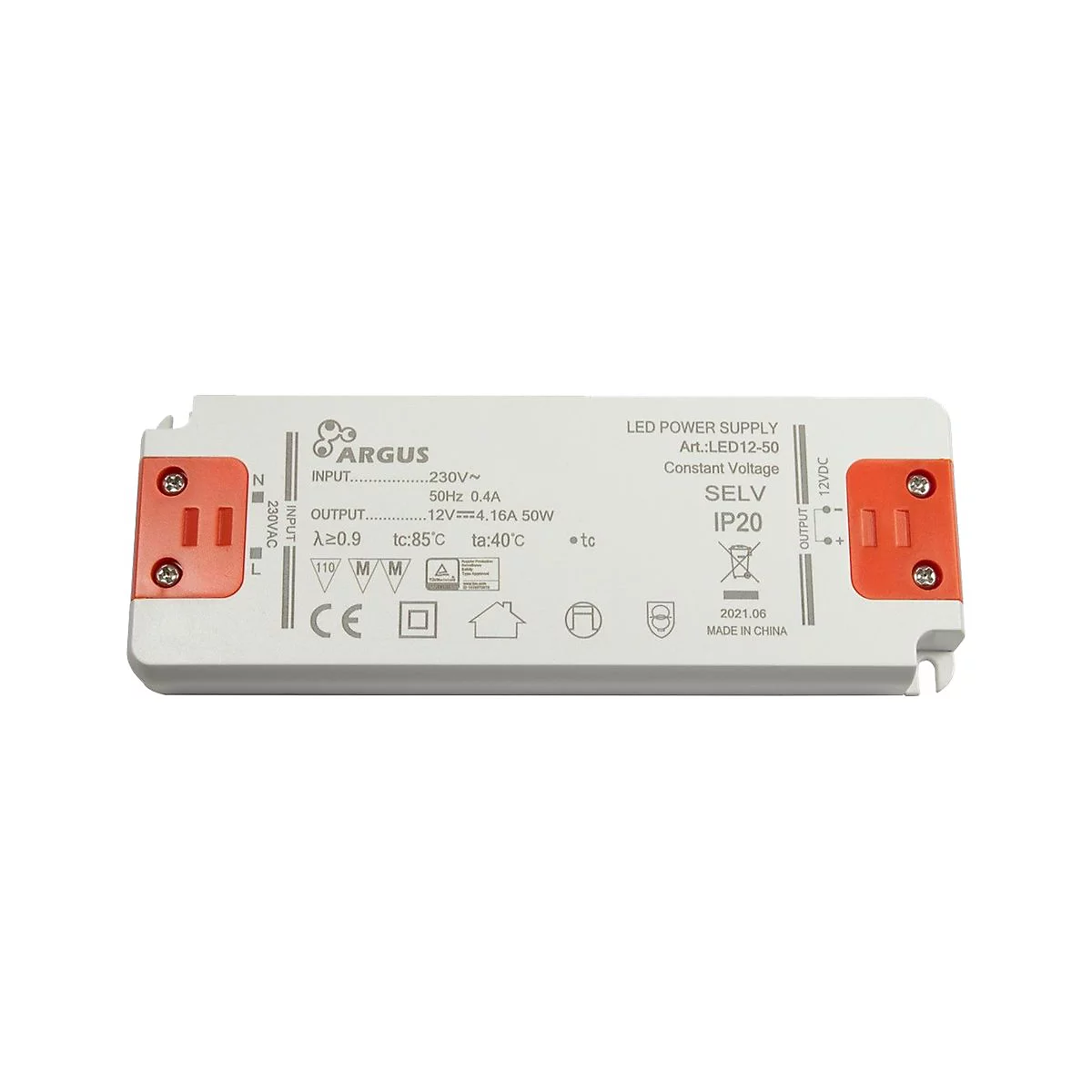 Rechteckiges LED-Netzteil in Weiß mit orangen Anschlussabdeckungen und technischen Aufdrucken auf der Oberseite.