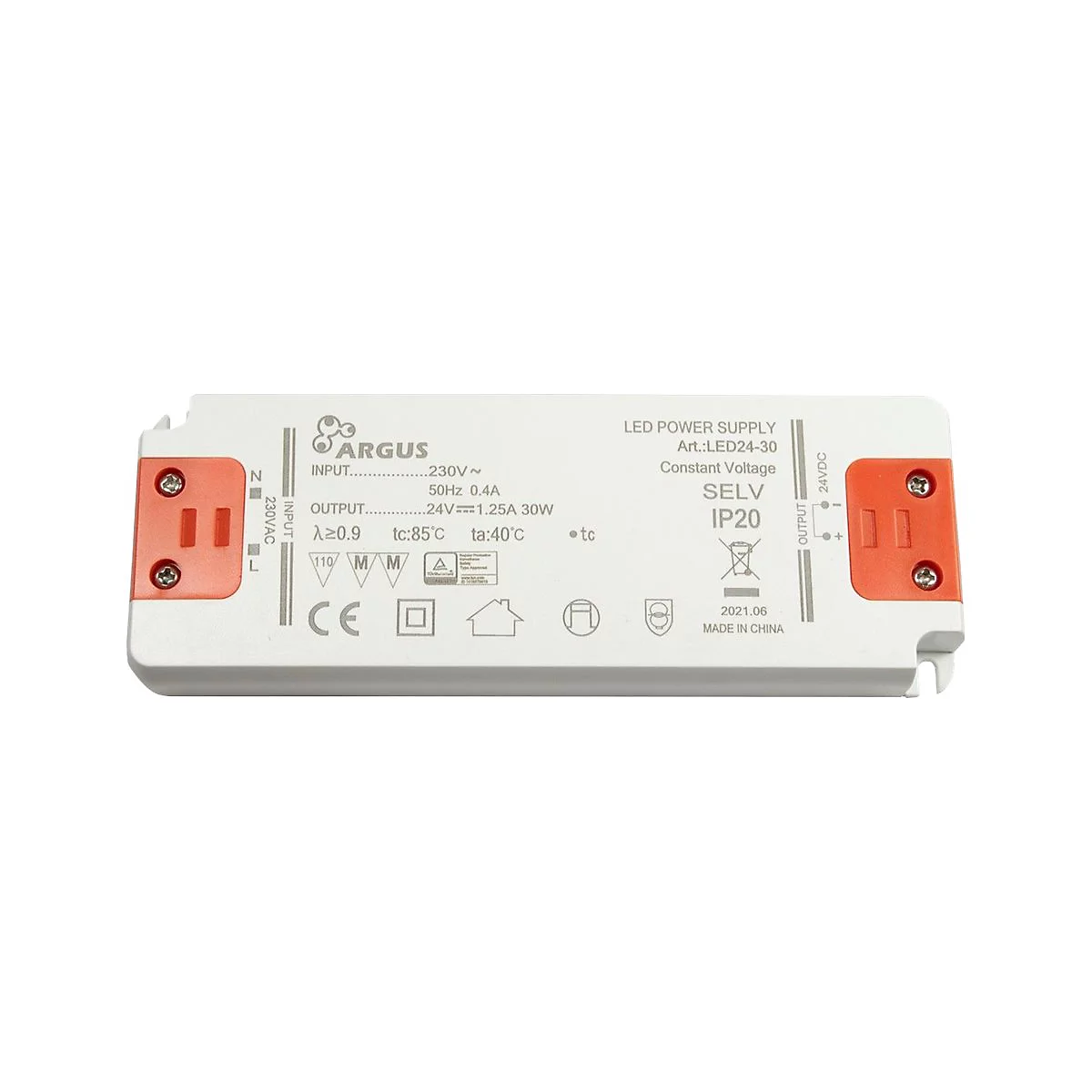 Weißes Argus LED-Netzteil mit orangefarbenen Anschlussklemmen auf weißem Hintergrund.