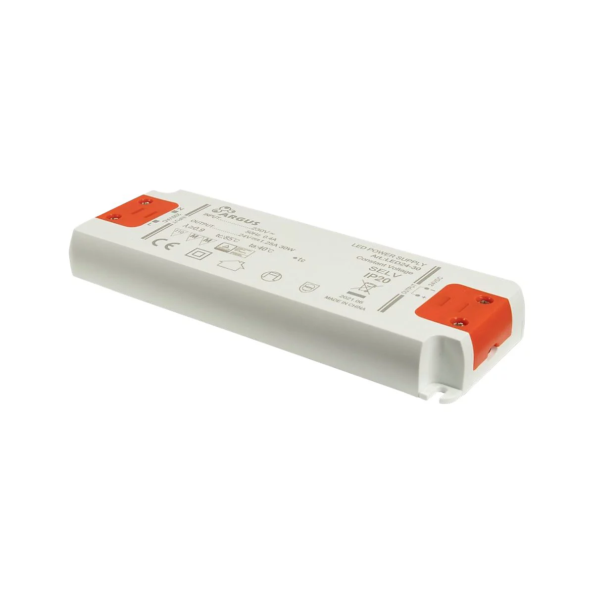 Länglicher, weißer LED-Trafo von Argus mit orangefarbenen Anschlussteilen auf einem weißen Hintergrund.