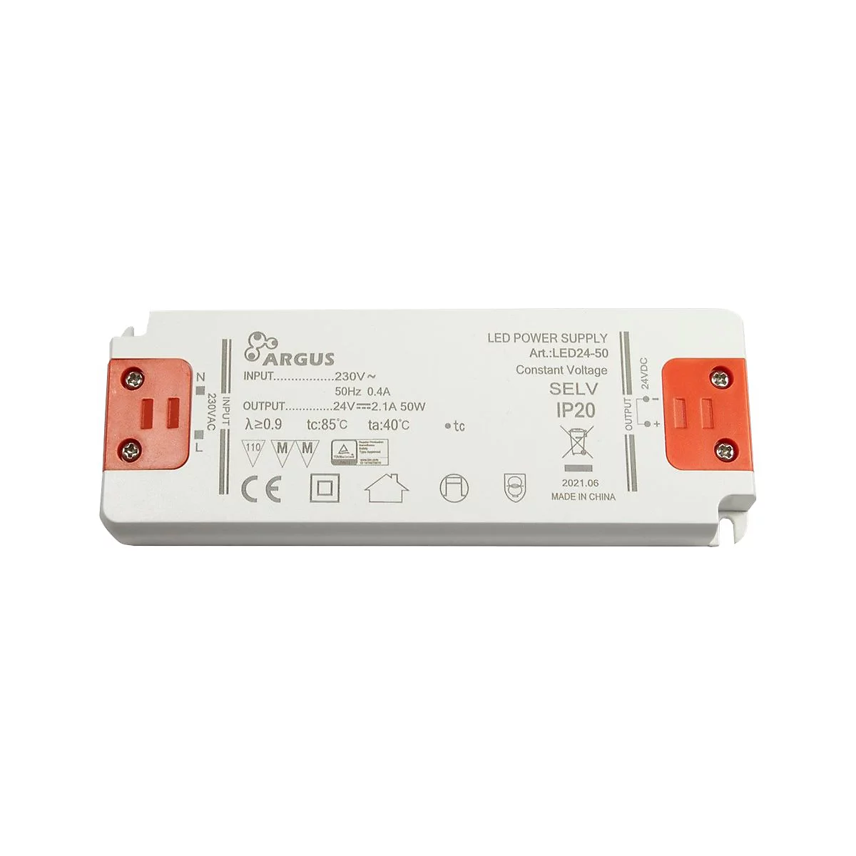 Weißes Argus LED-Netzteil LED24-50 mit orangen Anschlussabdeckungen auf weißem Grund.