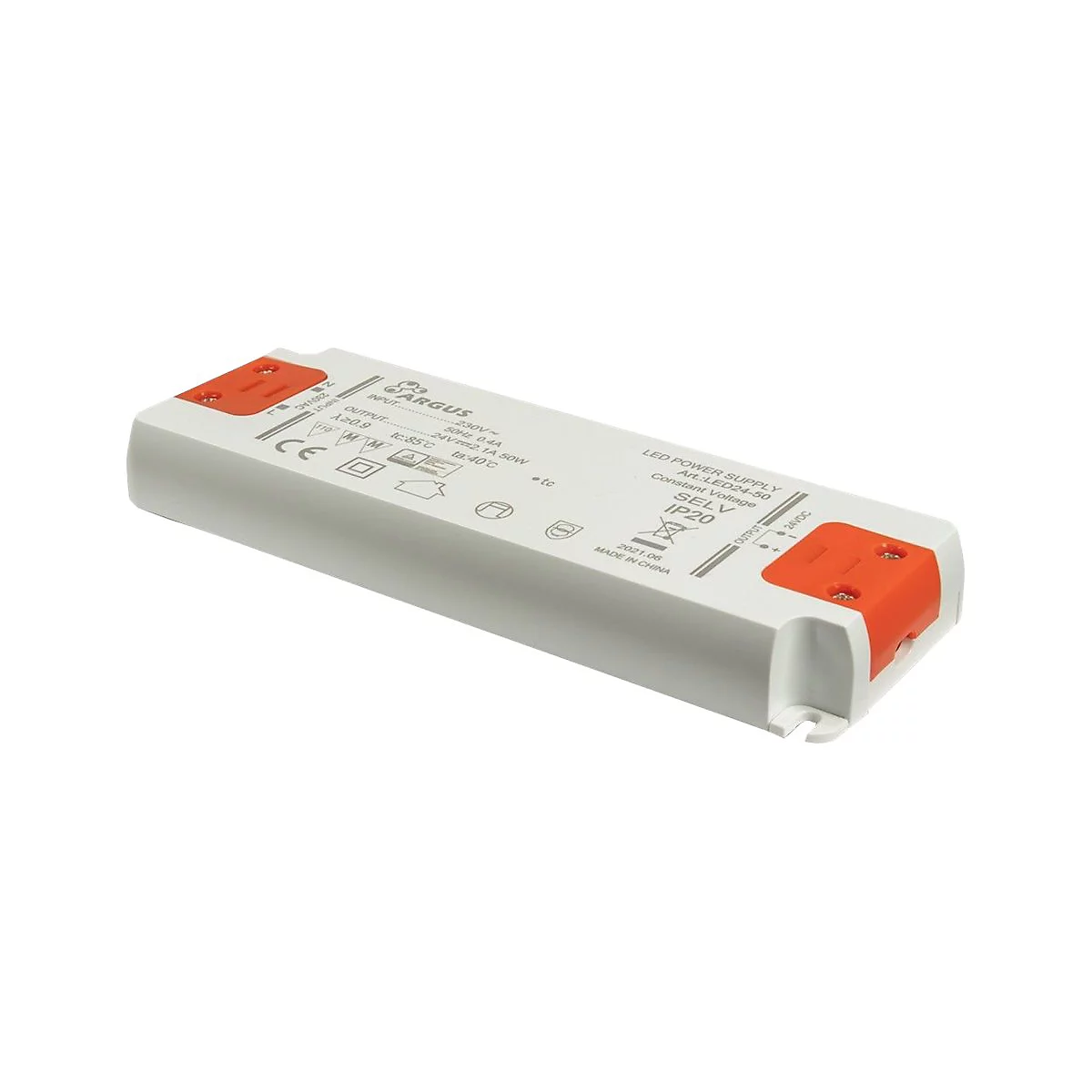 Länglicher weißer LED-Transformator mit orangen Anschlusselementen auf weißem Hintergrund.