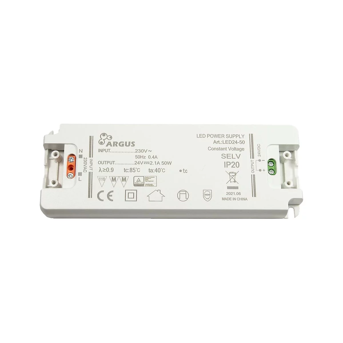 Weißes, rechteckiges Argus LED-Netzteil mit technischen Daten und Anschlüssen auf weißem Hintergrund.