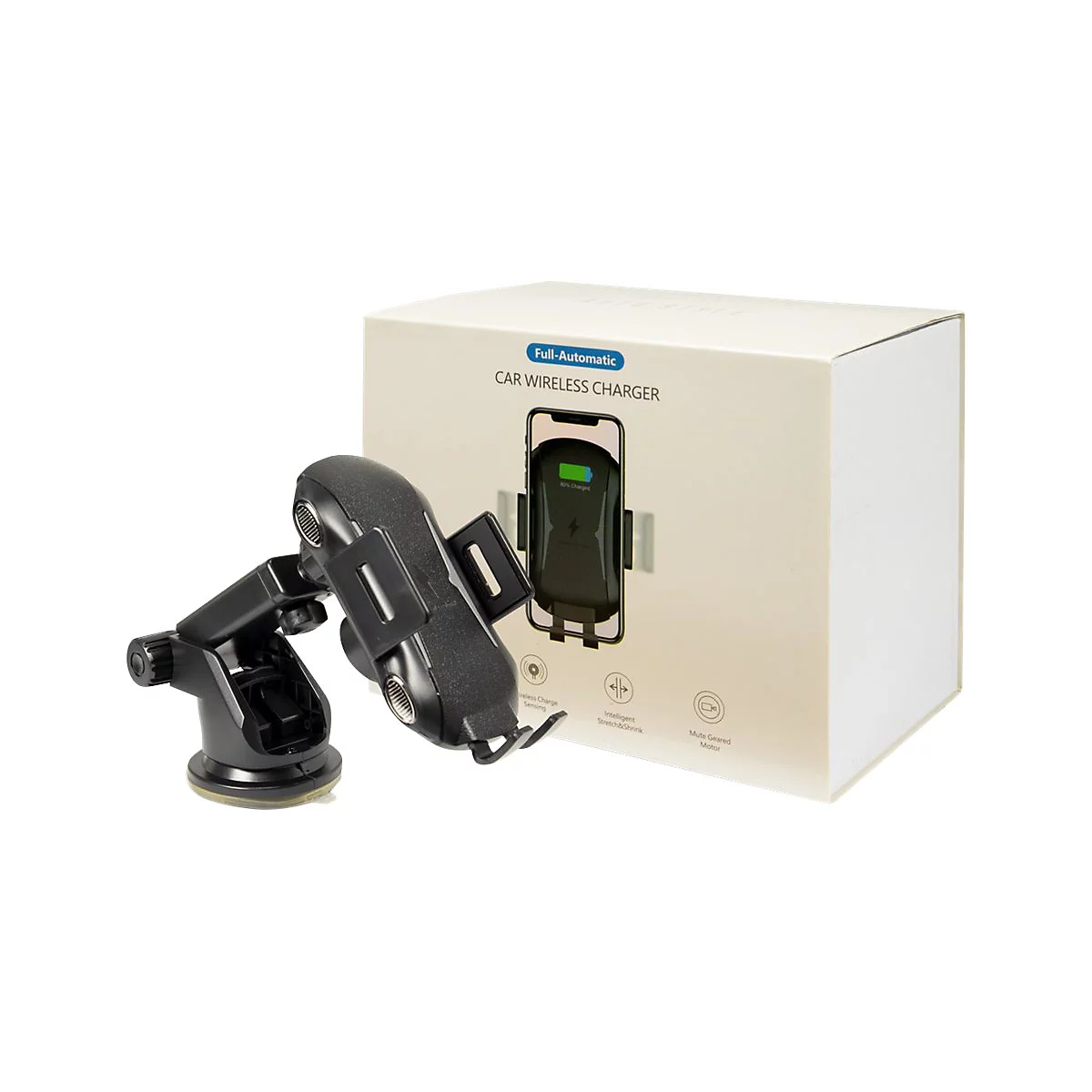 Automatischer kabelloser Kfz-Ladehalter vor seiner Verpackung mit Produktbild.