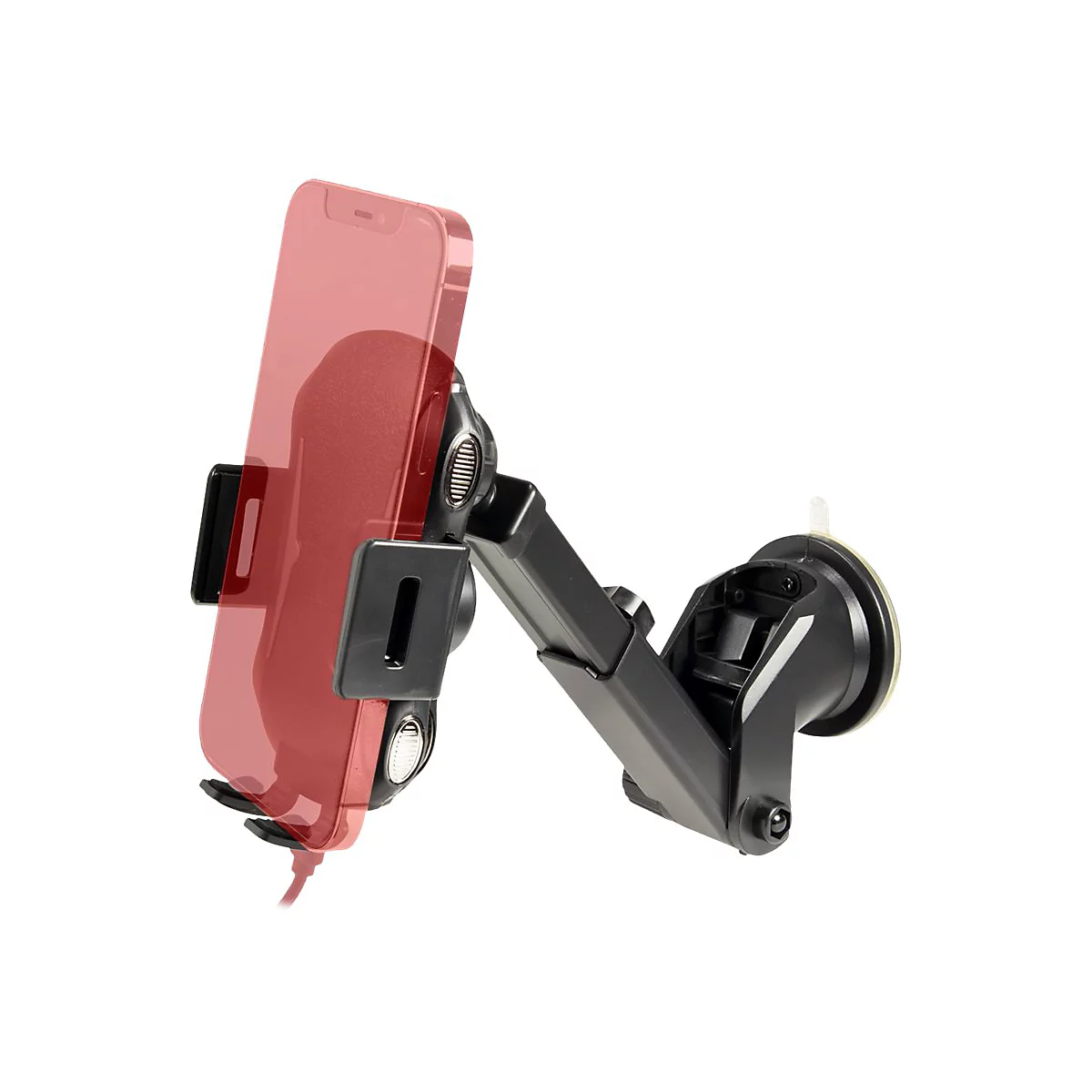 Schwarzer Handyhalter mit Saugnapf zur Befestigung an der Windschutzscheibe, inklusive eines angedeuteten Smartphones.