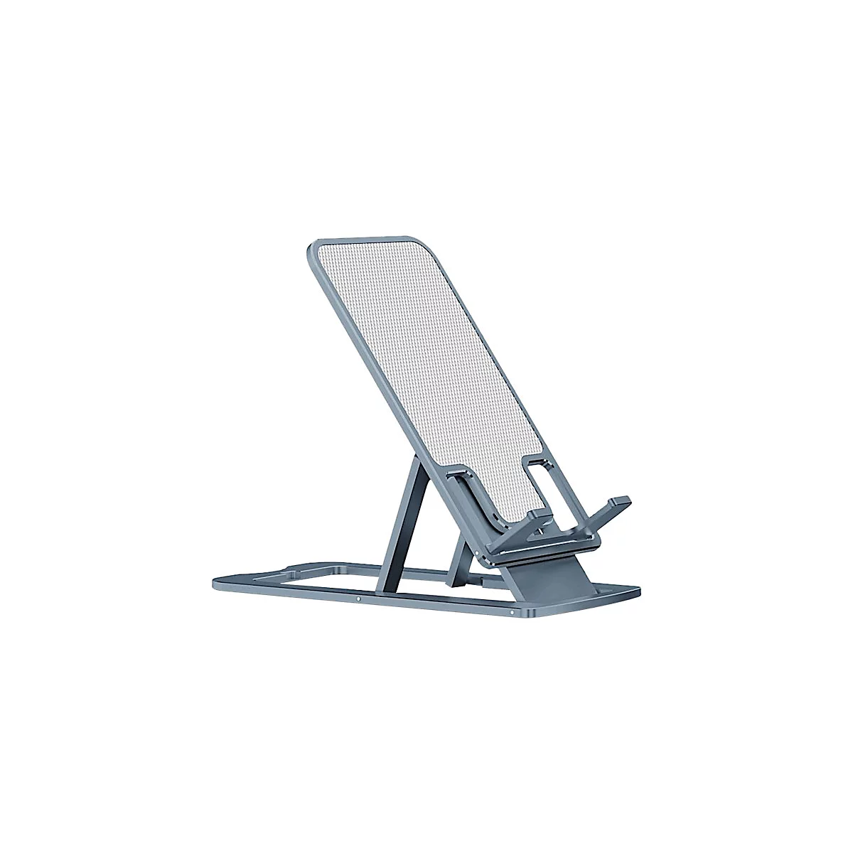 Ein klappbarer, grauer Smartphone-Ständer aus Metall mit einer rutschfesten Auflagefläche.