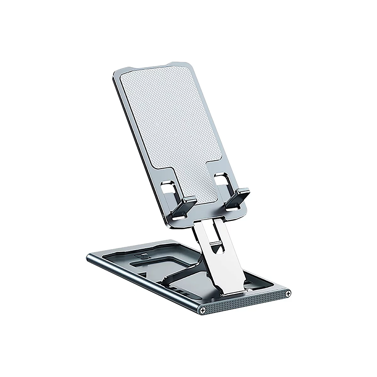 Verstellbarer Handyhalter aus silbernem Metall mit rutschfester Oberfläche auf einer flachen Basis.