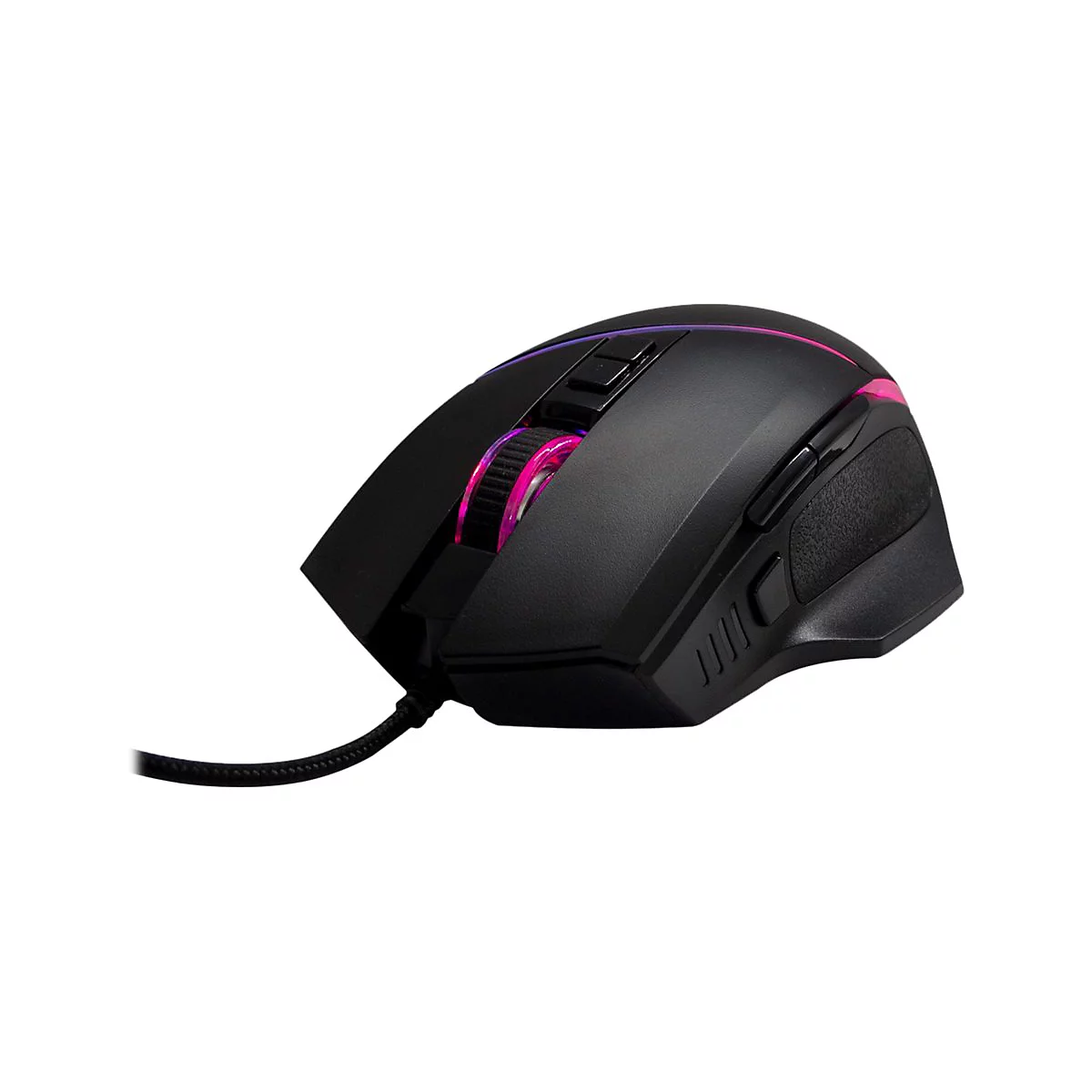 Schwarze Gaming-Maus mit pinker LED-Beleuchtung am Scrollrad und Gehäuserand, kabelgebunden.