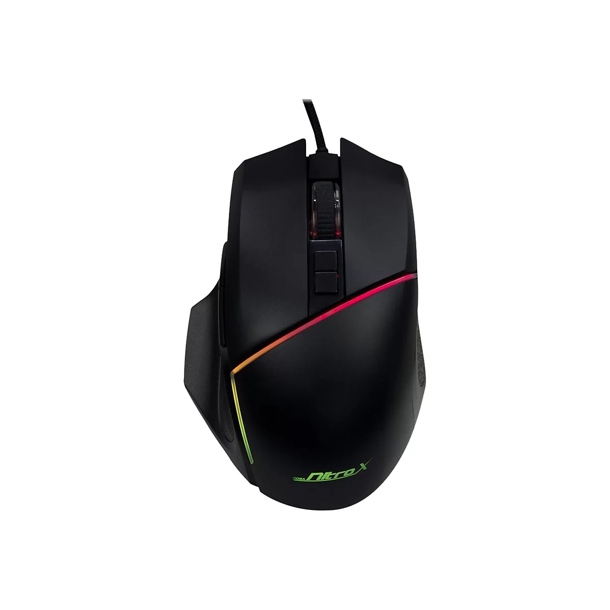 Schwarze Gaming-Maus mit RGB-Beleuchtung und Nitrox-Logo vor weißem Hintergrund.