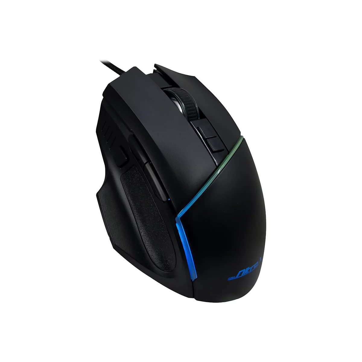 Schwarze Gaming-Maus mit blauer LED-Beleuchtung und ergonomischem Design vor weißem Hintergrund.