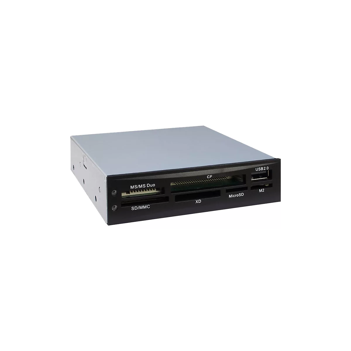 Interner Multi-Kartenleser mit schwarzer Frontblende und verschiedenen Speicherkartenslots vor neutralem Hintergrund.