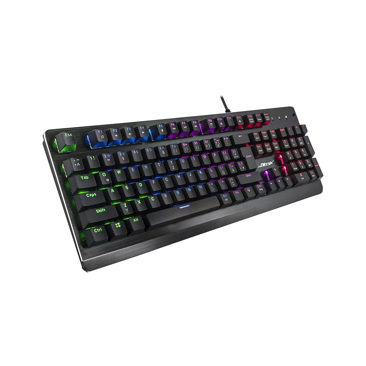 Schwarze Gaming-Tastatur mit mehrfarbiger Hintergrundbeleuchtung und schwarzen Tasten vor weiÃŸem Hintergrund.