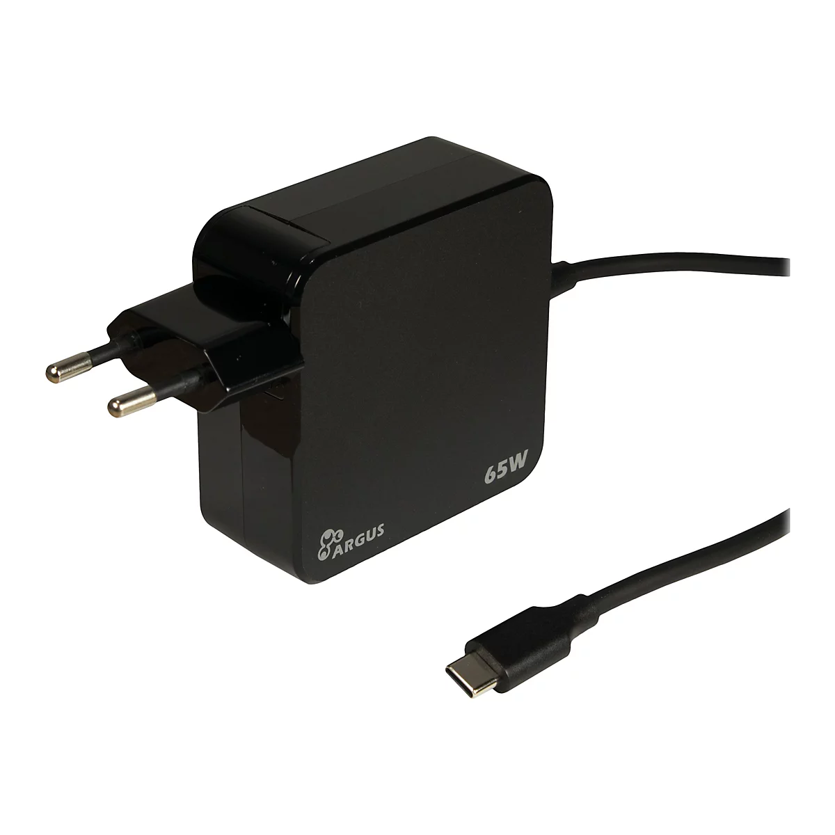 Schwarzes 65W Argus Netzteil mit Eurostecker und USB-C-Kabel vor weißem Hintergrund.