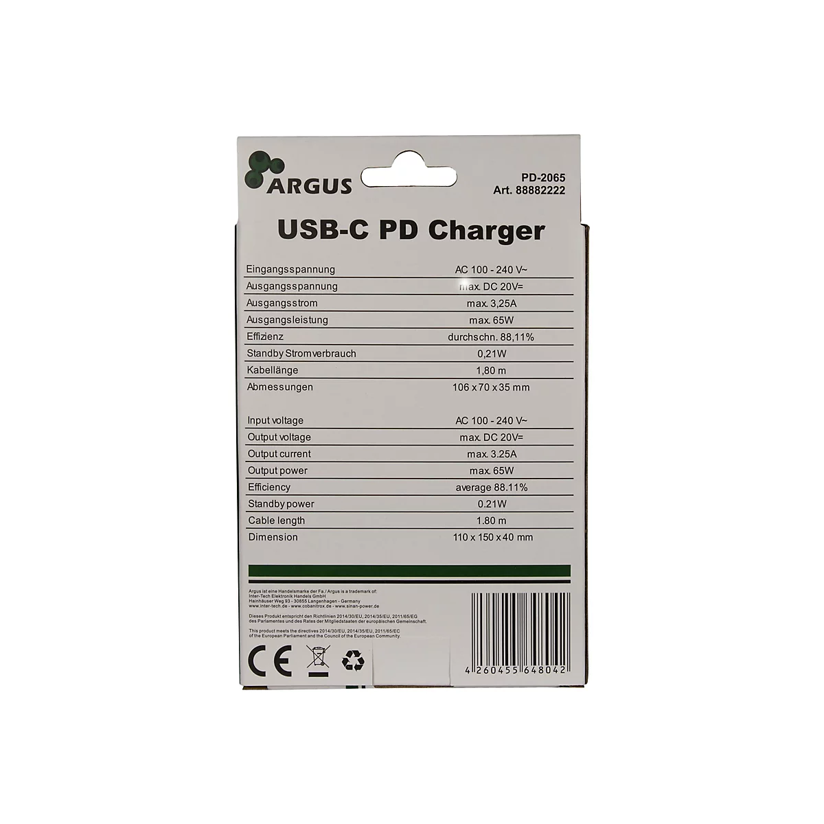 Rückseite einer Argus USB-C PD Charger Verpackung mit technischen Spezifikationen und Barcode.